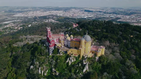 Explore the stunning Pena National Palace in Sintra, Portugal from above Stock Footage 321507080