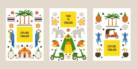 Explore Thailand set of posters, cards. Traditions, culture of country. Ancient Ilustración de archivo