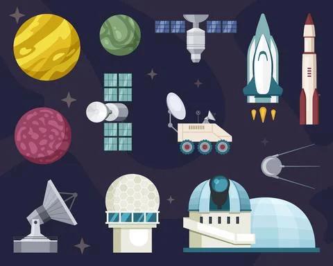 Explore travel in space set. Star observatories with powerful telescopes rockets Stock Illustration