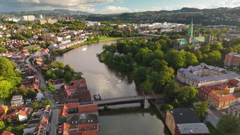 Explore Trondheim from above with views of the river and city landscape on a 스톡 동영상 323215510