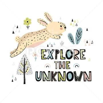 Explore the Unknown hand drawn lettering. Cute card or print with rabbit Stock Illustration