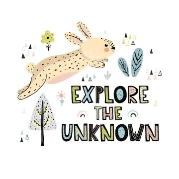 Explore the Unknown hand drawn lettering. Cute card or print with rabbit 스톡 일러스트