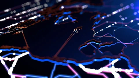 Explore vibrant digital network with glowing lines and nodes across map Stock Footage 321955072