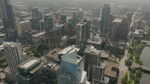 Explore the vibrant downtown Austin metropolis cityscape from above during the Stock Footage 288850079
