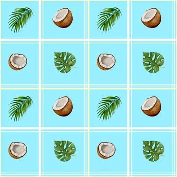 Explore vibrant tropical patterns featuring coconuts, lush leaves, and soft hues Illustrazione stock