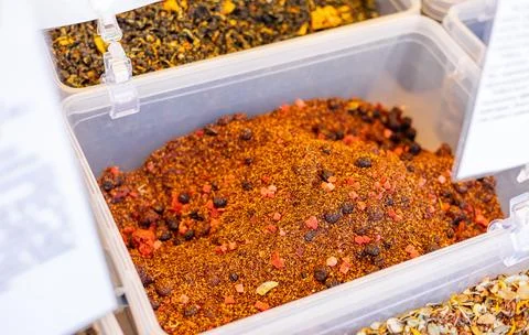Explore the vibrant world of masala tea at a bustling market. Spices blend .. Stock Photos