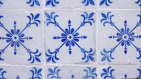 Explore vintage ceramic floor tiles with beautiful blue patterns Stock Footage 321516862