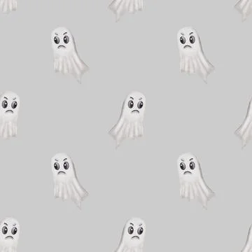 Explore a whimsical Halloween design of ghosts and bats on a soft gray back.. Illustrazione stock