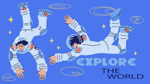 Explore the world banner with astronauts in space. Stock Illustration