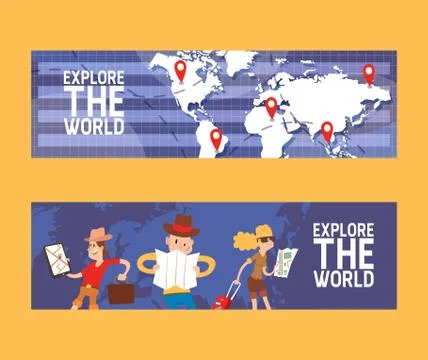 Explore world set of banners vector illustration. Globe with locations. Vacation Stock Illustration