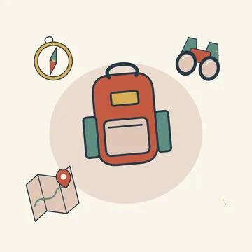 Explorer backpack with compass and binoculars. Decorative flat vector composi Illustrazione stock