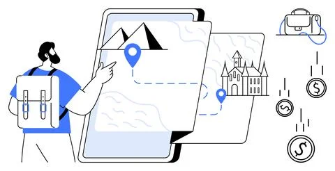 Explorer with backpack planning travel route on digital map with destinatio.. Stock Illustration