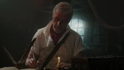 An Explorer Captain in an old ship cabin Stock Footage 259700695