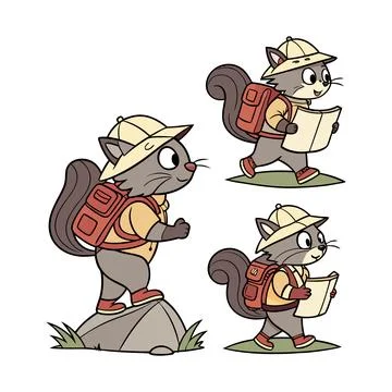 Explorer cat with backpack and map adventure theme Stock Illustration