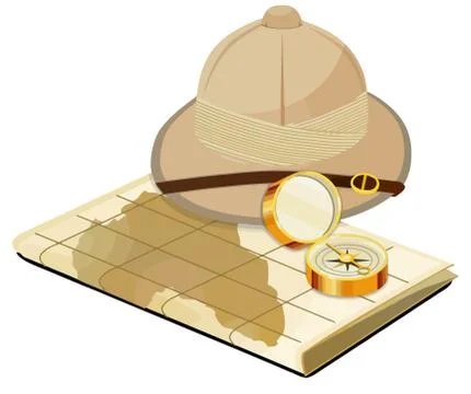 Explorer hat compass map safari jungle illustration Illustrazione stock