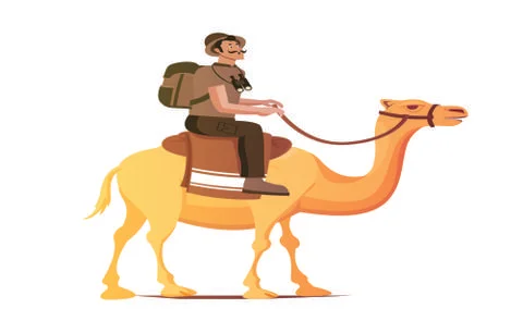 Explorer icon man riding camel sketch cartoon character Stock Illustration