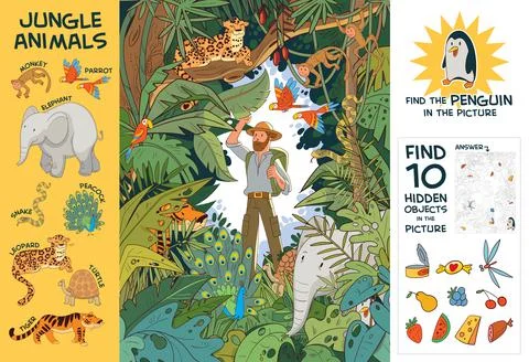 Explorer in Indian jungle. Find 10 hidden objects in picture Stock Illustration