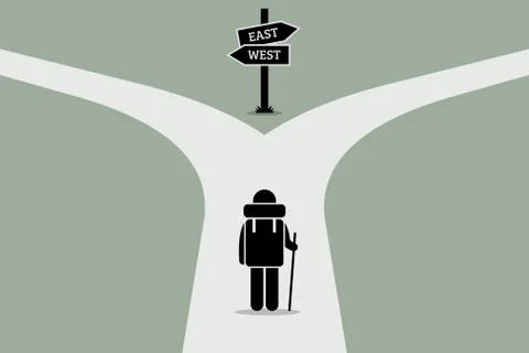 Explorer reaching a split road trying to make decision on where to go next. Road Stock Illustration