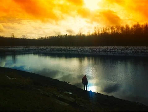 Explorer on river landscape background Foto stock