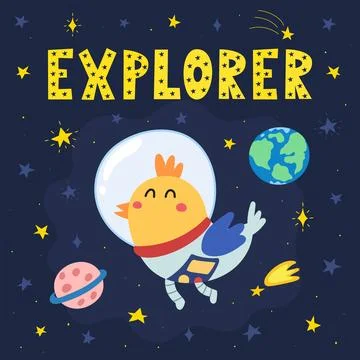 Explorer space print with cute bird astronaut. Cosmic card in cartoon style Stock Illustration