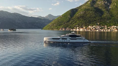 Explorer Superyacht Side Profile Bay of Kotor Aerial Drone View Video stock 335583323