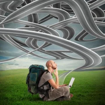 Explorer thinks many roads Foto stock