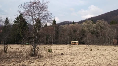 Explorer Walking Toward Abandoned Yellow Rail Car in Mountain Meadow Stock Footage 334330004