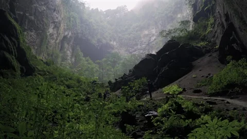 An explorer walking toward a giant opening from inside a cave Stock Footage 341298266