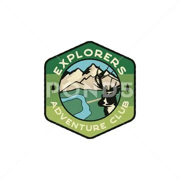 Explorers Logo Emblem. Vintage hand drawn travel badge. Featuring mountain Stock Illustration