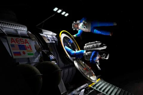 Explorers in space suits exit an Asteroid Lander. Stock Illustration