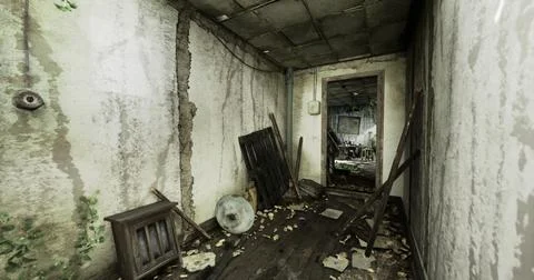 Exploring an abandoned building filled with decay and overgrown vegetation Stock Illustration