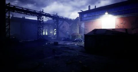 Exploring an abandoned industrial site under a cloudy sky at dusk Ilustración de archivo