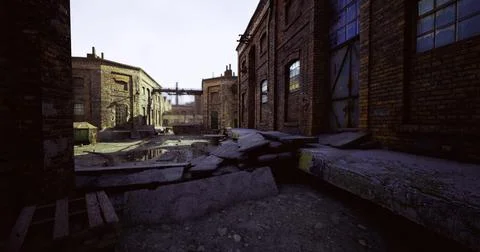 Exploring an abandoned industrial site with weathered brick buildings Ilustración de archivo