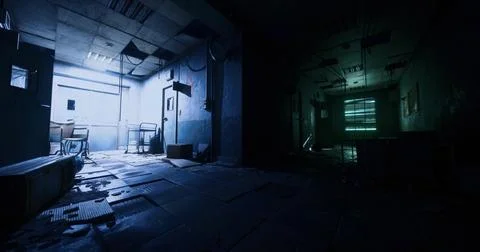 Exploring abandoned interior of an eerie building with contrasting lighting Ilustración de archivo