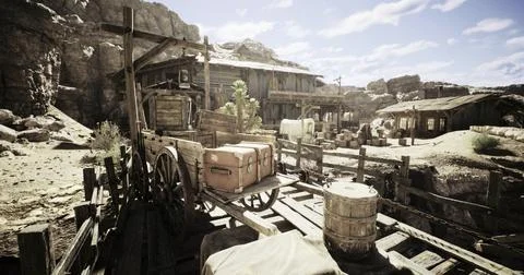 Exploring an abandoned settlement in a rocky desert landscape Stock Illustration