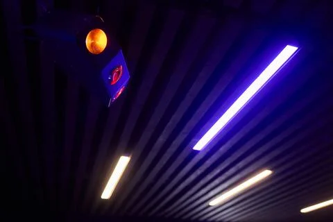 Exploring Abstract Neon Lights and Shapes in Contemporary Modern Architecture Stock Photos