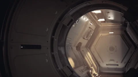 Exploring the advanced interior of a modern space station in low gravity Stock Footage 327194961