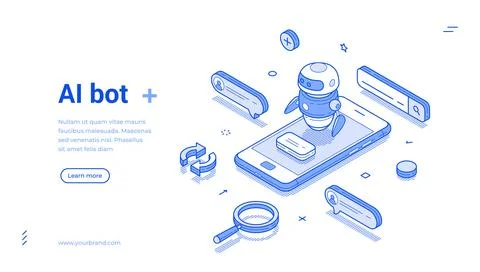 Exploring ai bot technology through modern isometric design in a digital bann 스톡 일러스트