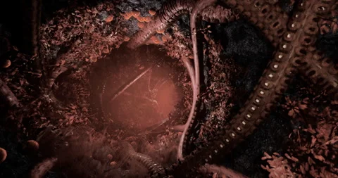 Exploring an alien landscape with organic forms in darkness Stock Footage 311810282