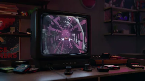 Exploring the alien world with futuristic spaceship in the console video game Stock Footage 278177141