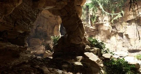 Exploring an ancient cave with lush greenery and natural rock formations Stock Illustration