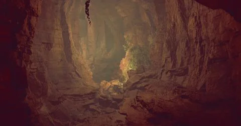 Exploring an ancient cave with stunning rock formations and greenery Stock Illustration
