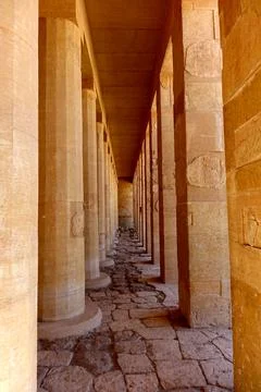 Exploring the Ancient Colonnade of the Mortuary Temple of Hatshepsut in Dei.. Stock Photos