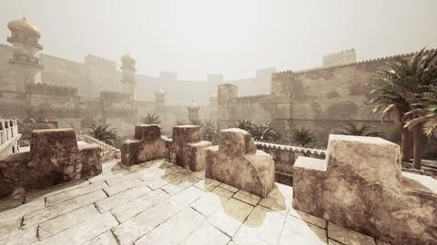 Exploring an ancient eastern city fortifications under a hazy sky Stock Illustration