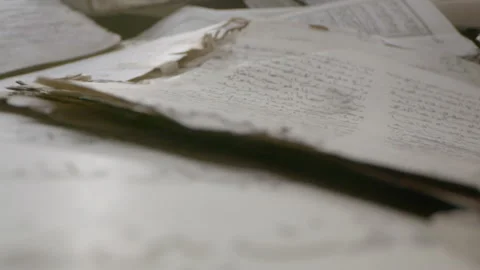 Exploring ancient manuscripts with intricate text in a historical setting Stock Footage 319057855