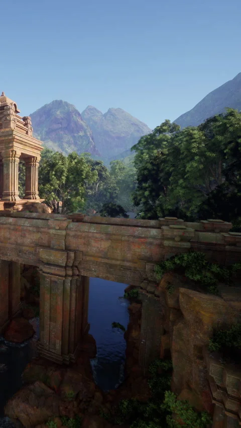 Exploring ancient ruins near a river with mountains in the background Stock Footage 340643407