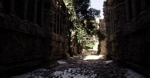 Exploring ancient ruins with scattered stone pathways and lush greenery Stock Illustration