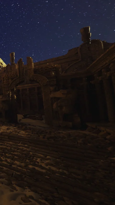 Exploring ancient ruins under a starry sky at night in a remote location Stock Footage 331767105