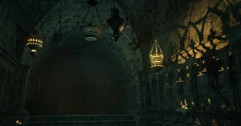 Exploring the ancient stone chamber illuminated by ornate lanterns Stock Illustration