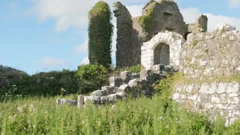 Exploring ancient stone ruins overgrown with lush greenery in daylight Stock Footage 306394156